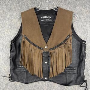 Yukon Jack Women’s Genuine Leather Motorcycle Vest Fringe Brown Black Size XL